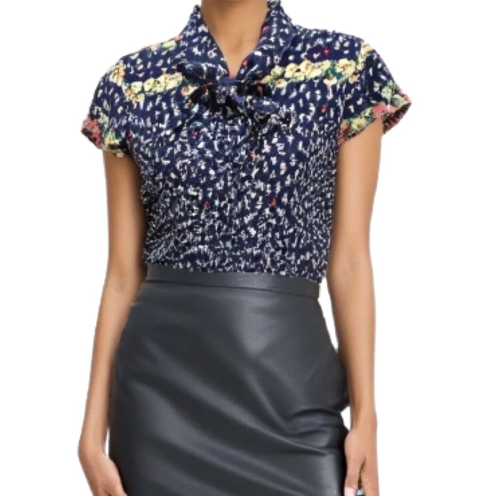 Navy Floral Tie-Neck Cap Sleeve Blouse